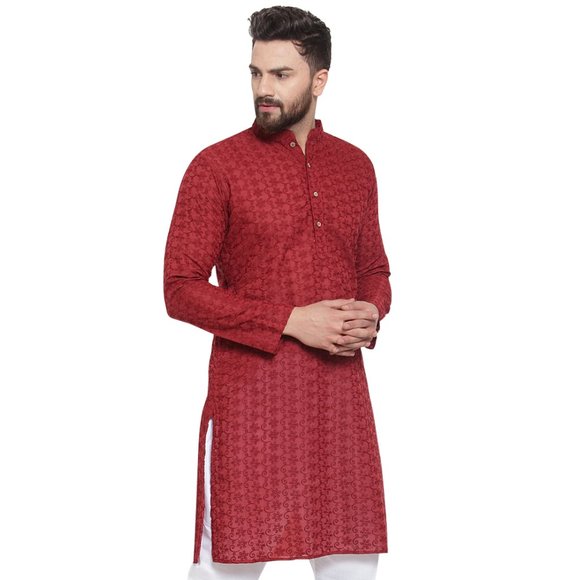 Designer Maroon Cotton Chikankari Lucknowi Jaal Embroidered Kurta for Men - Picture 4 of 5